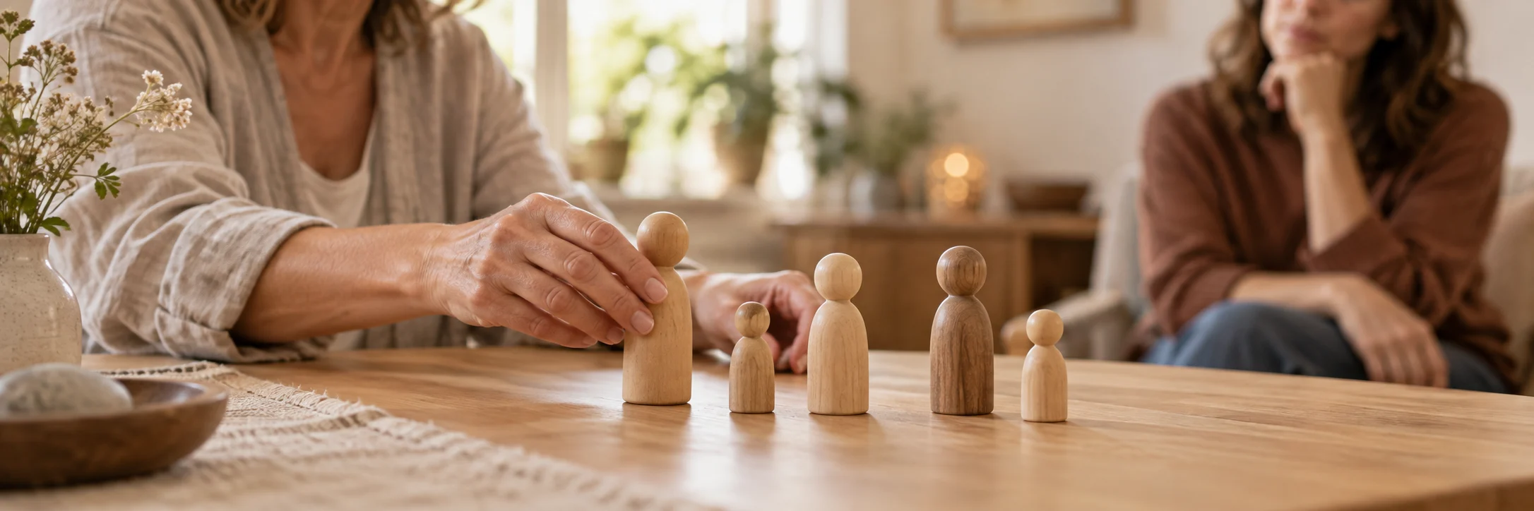 Figuras de madeira organizadas sobre uma mesa durante uma constelação familiar